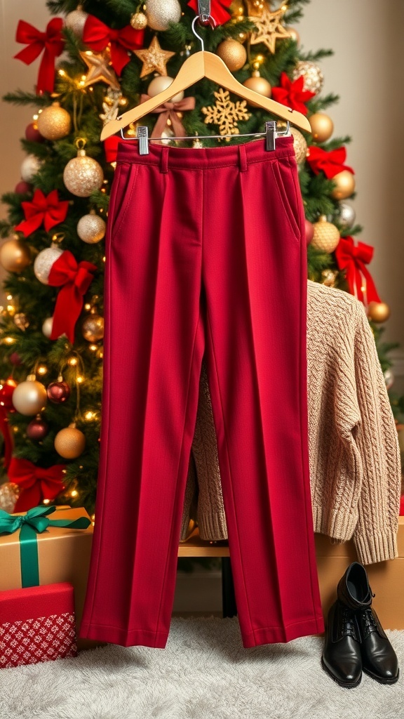 Stylish red Christmas trousers on a hanger with holiday decorations in the background.